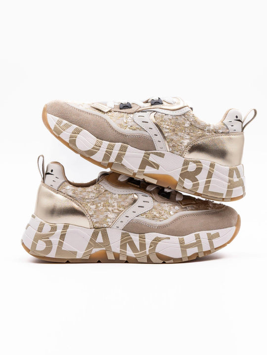 Sneakers Club105 Voile Blanche in Suede e Tweed Tortora e Oro