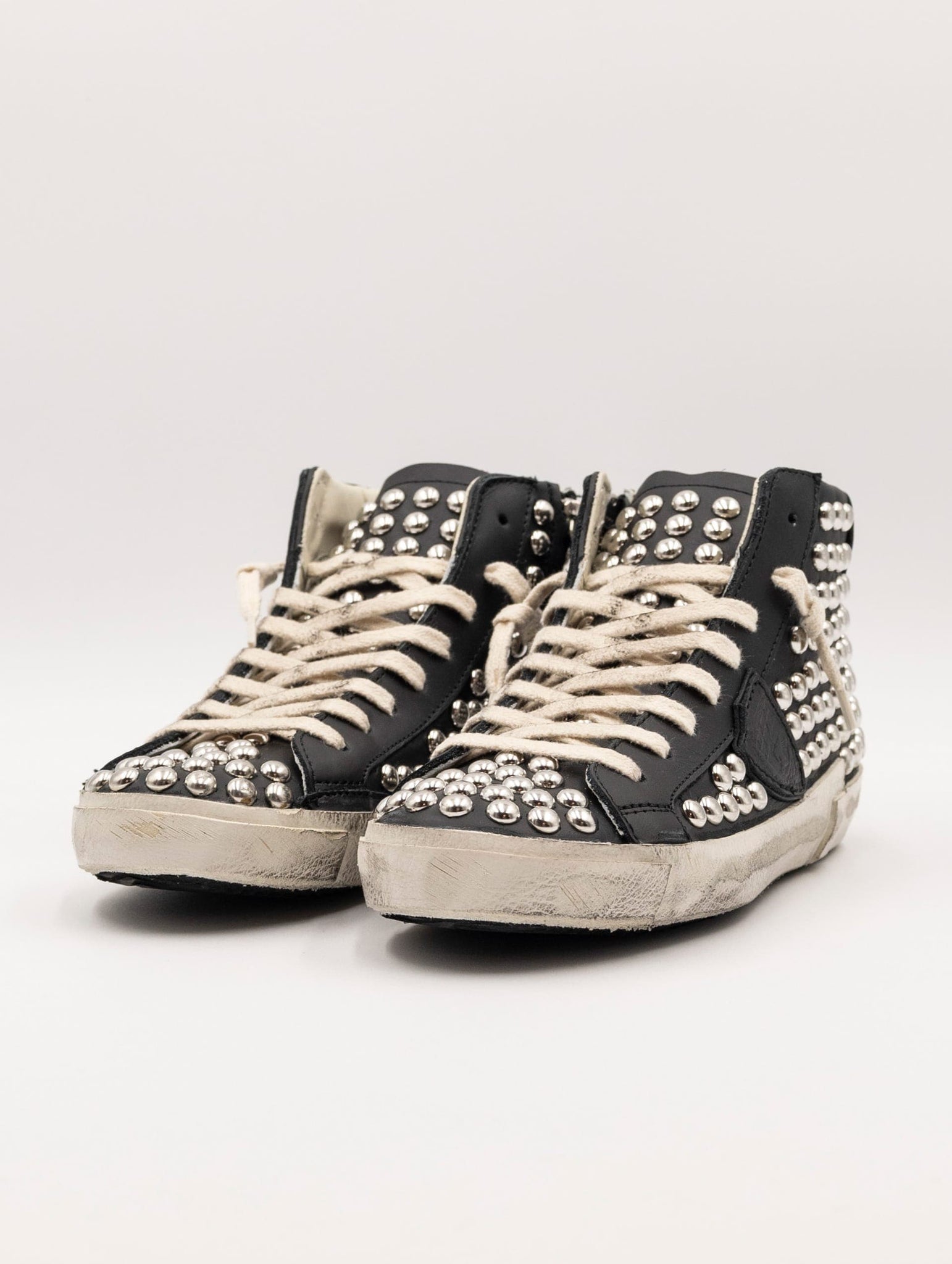 Sneakers High Philippe Model Prsx in Pelle e Borchie Nera