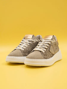 Sneakers Philippe Model Tres Temple in Pelle e Tessuto Taupe