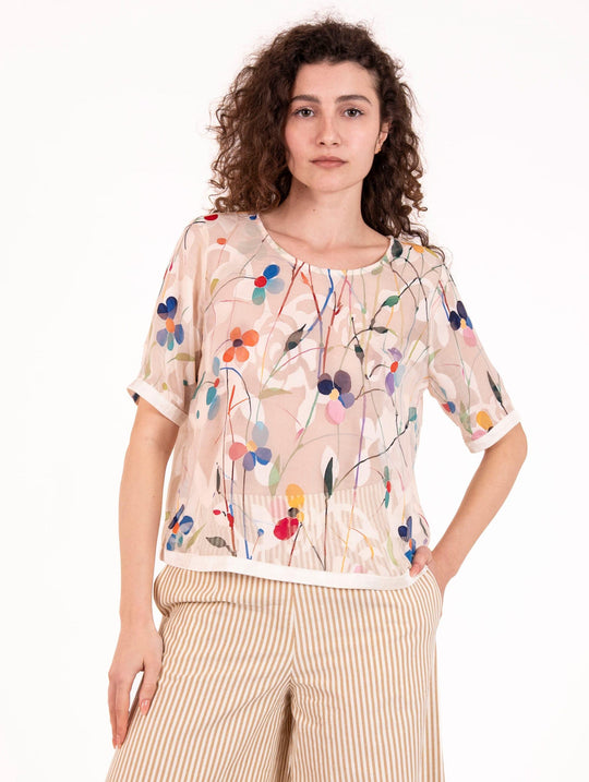 T-shirt Boxy Traffic People in Viscosa Flowers Blu e Bianco