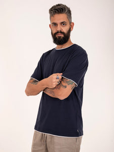 T-Shirt Eleventy Milano Platinum in Cotone Giza Blu e Grigio