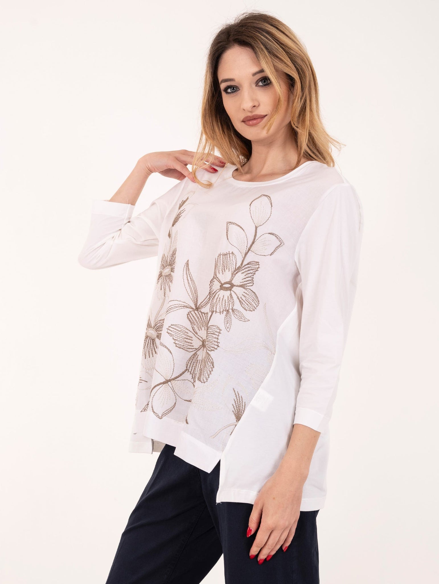 T-shirt Whyci in Cotone Bianca e Beige