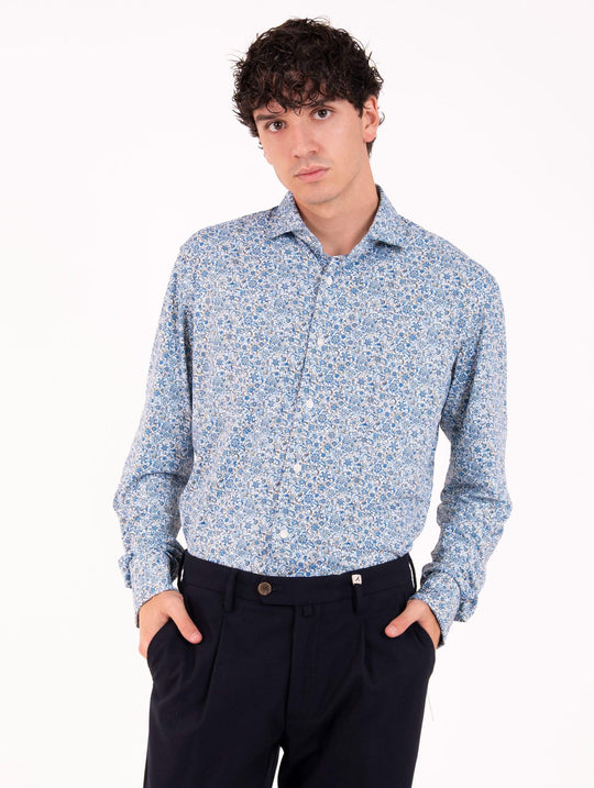 Tecno Camicia Orian Antibatterica Bianca Fantasia Fiori Azzurra e Beige