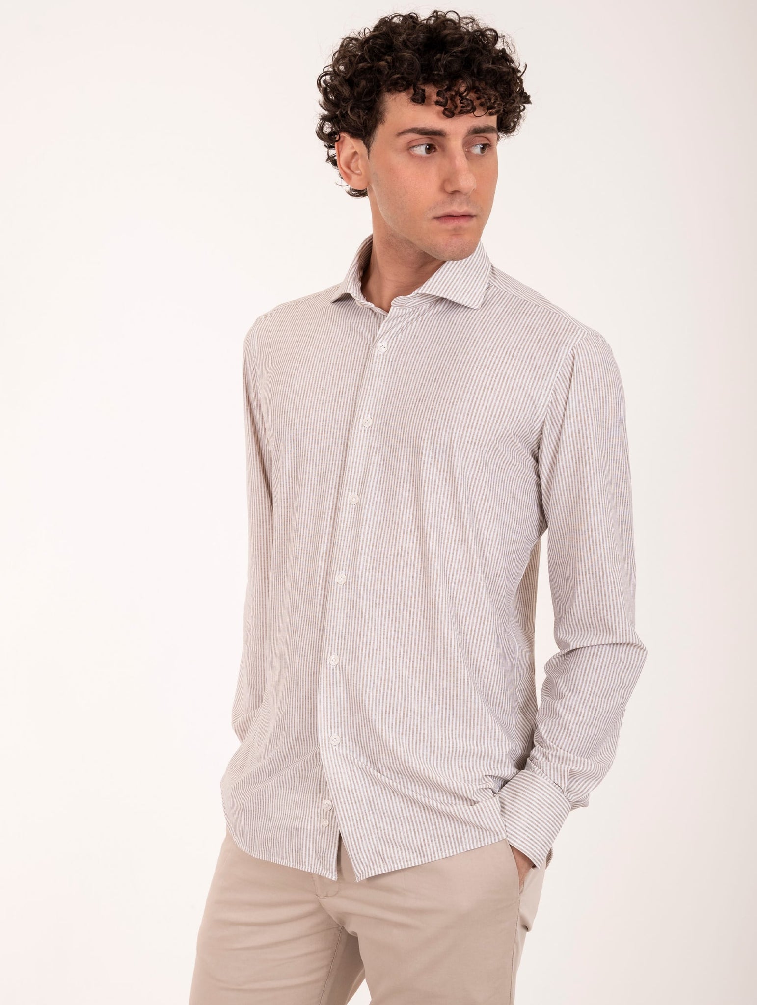 Tecno Camicia Orian Antibatterica Rigata Bianca e Beige