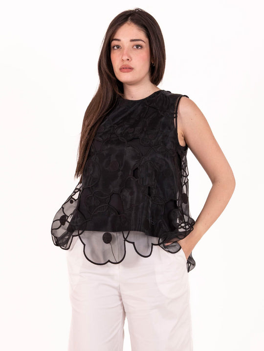 Top Meimeij Ricami aus Gazestoff Schwarz