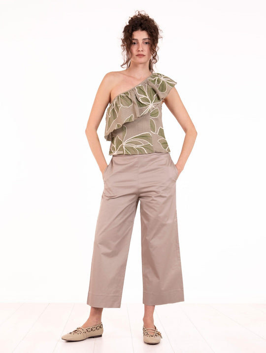 Traffic People One-Shoulder Top in Gray and Green Ramage Linen
