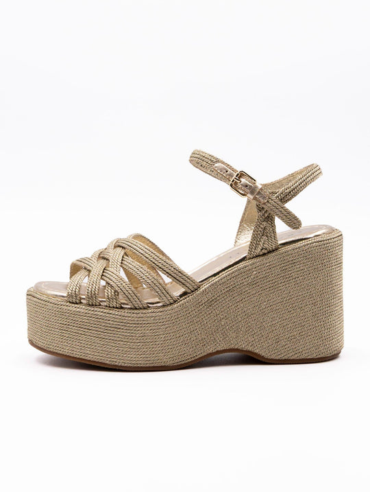 Zeppa Emanuelle Vee in Rafia Laminata Oro