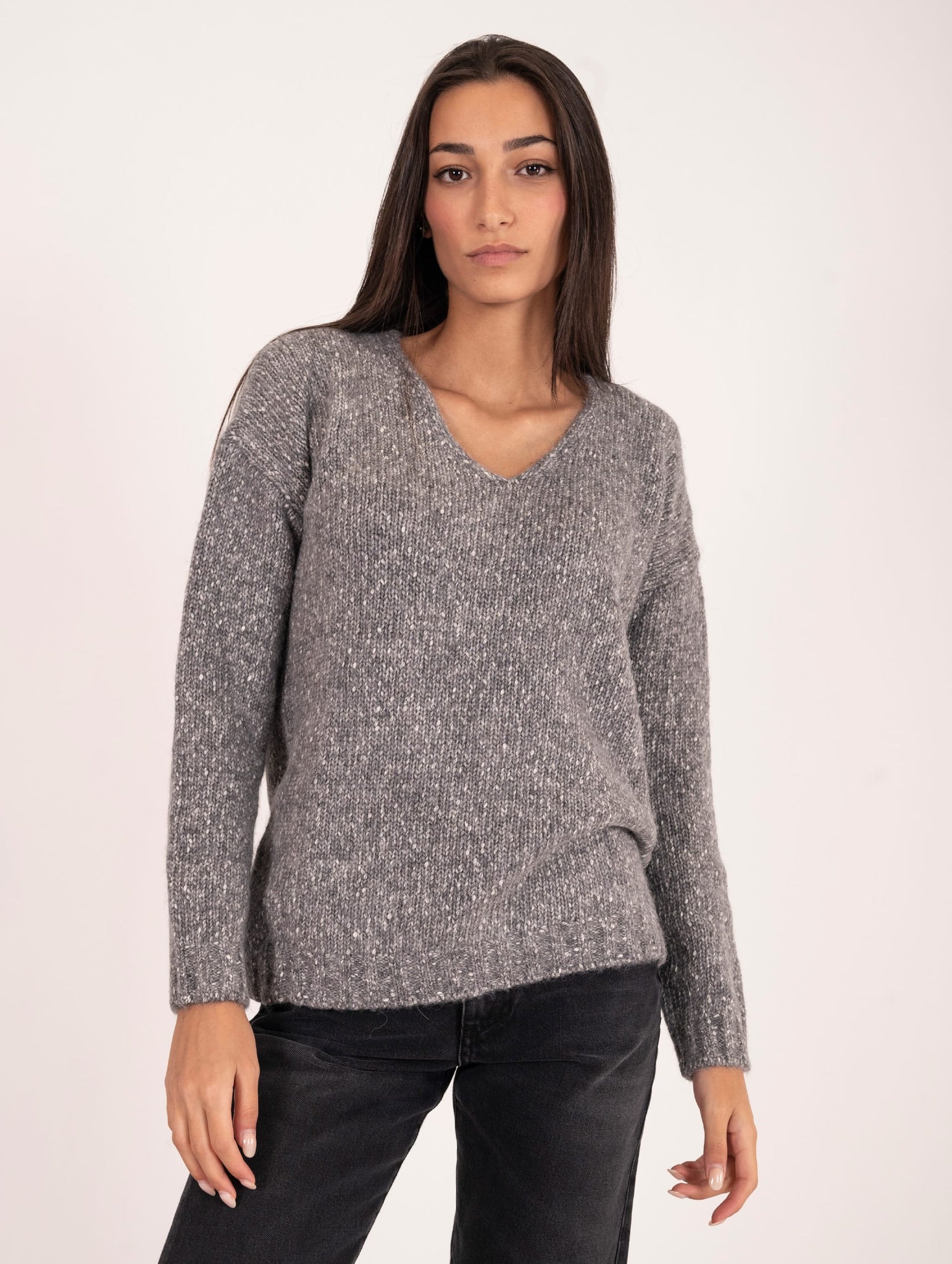 Pull Anneclaire in Cotone, Alpaca e Lana Grigio Melange