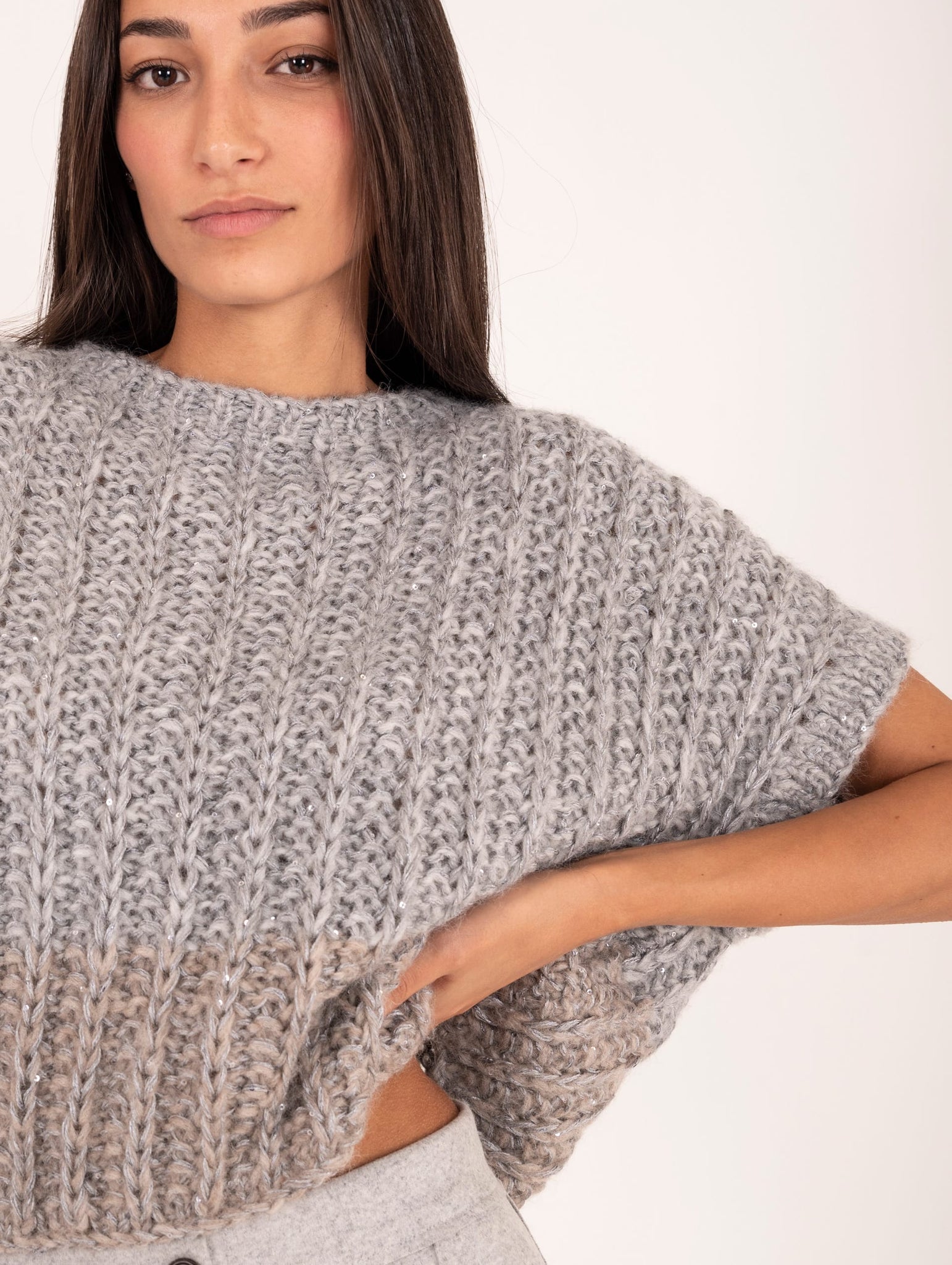 Maglia Crop Boxy Antonelli Firenze Baby Alpaca, Viscosa e Lana Grigia