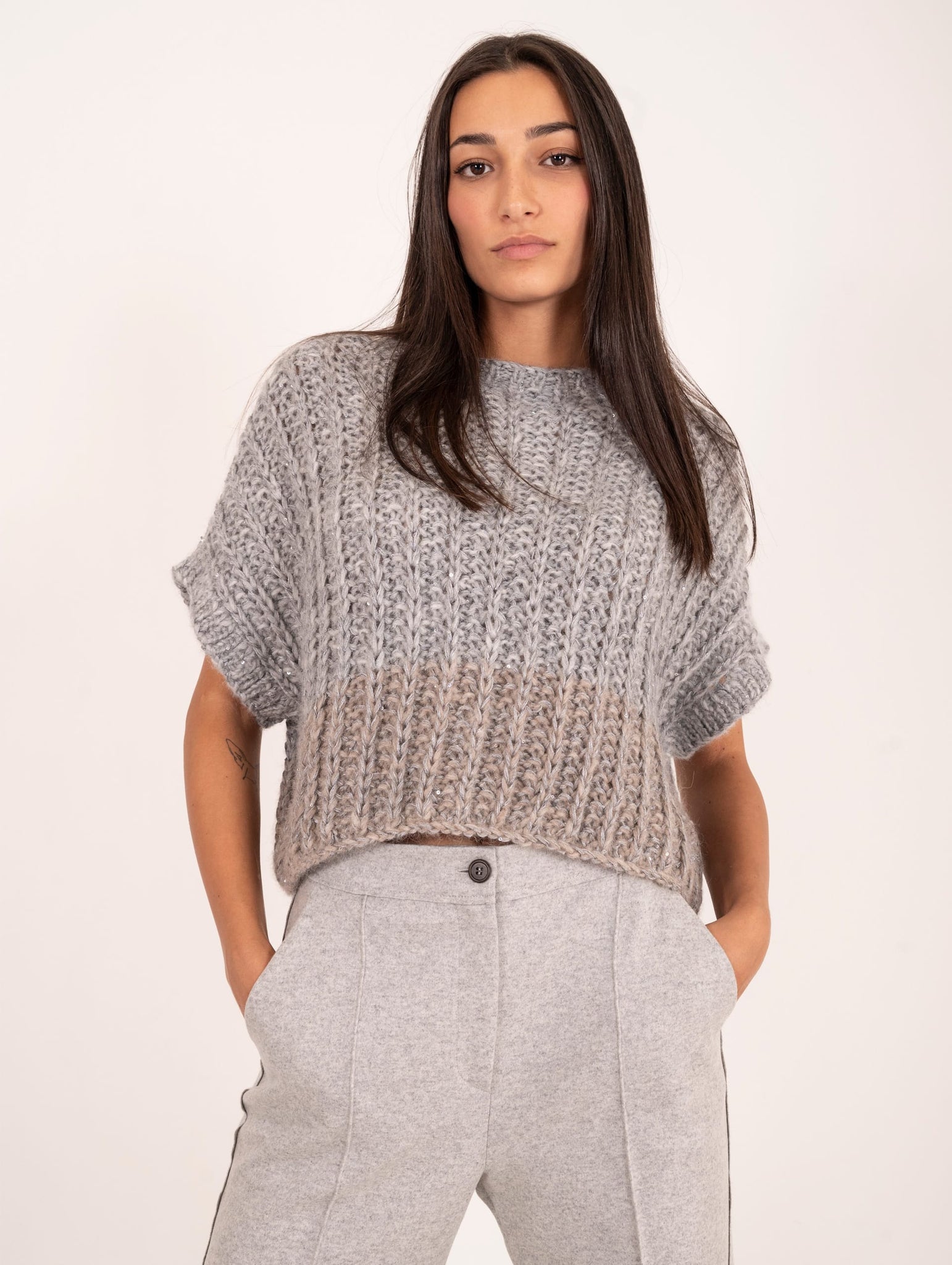 Maglia Crop Boxy Antonelli Firenze Baby Alpaca, Viscosa e Lana Grigia