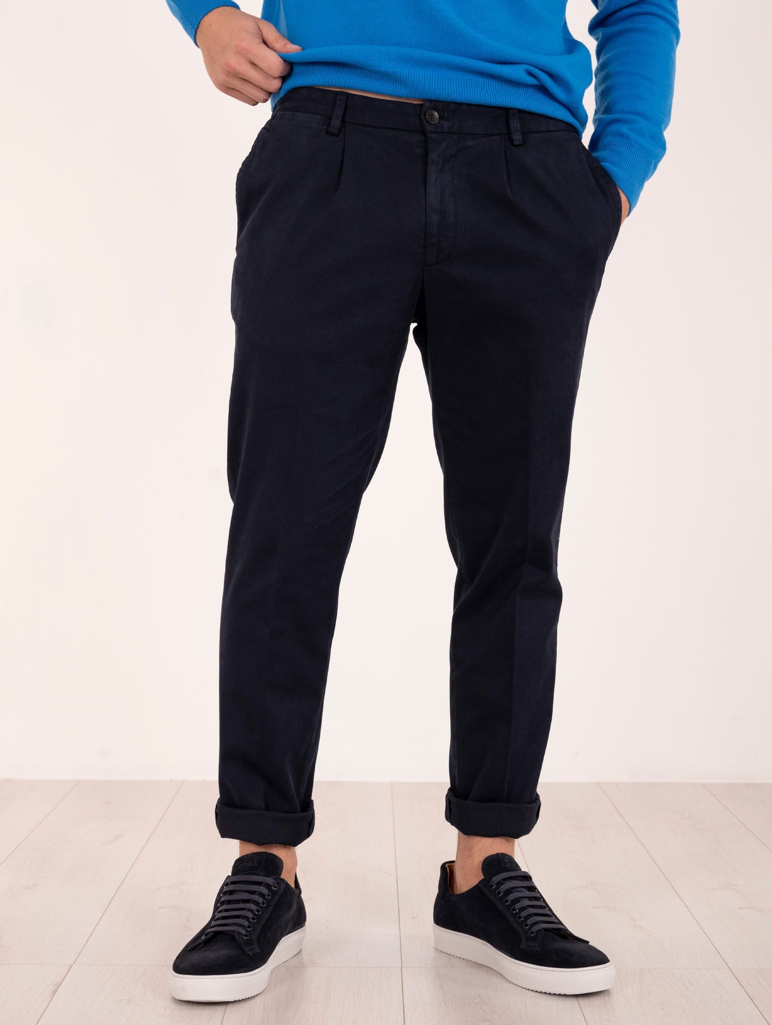 Pantalone Chino Devore in Raso di Cotone Superpima Blu