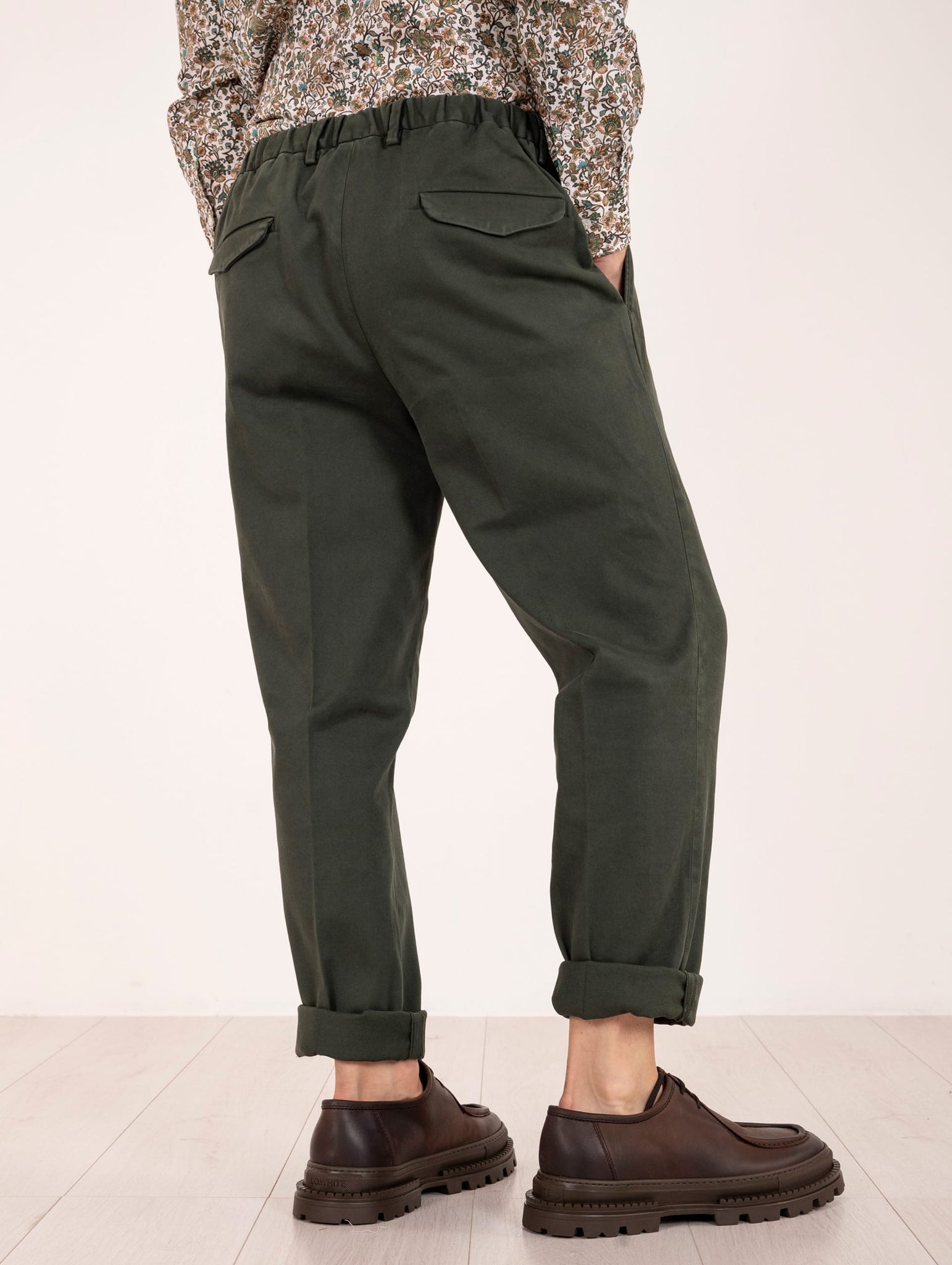 Pantalone Chino Devore in Raso di Cotone Superpima Verde