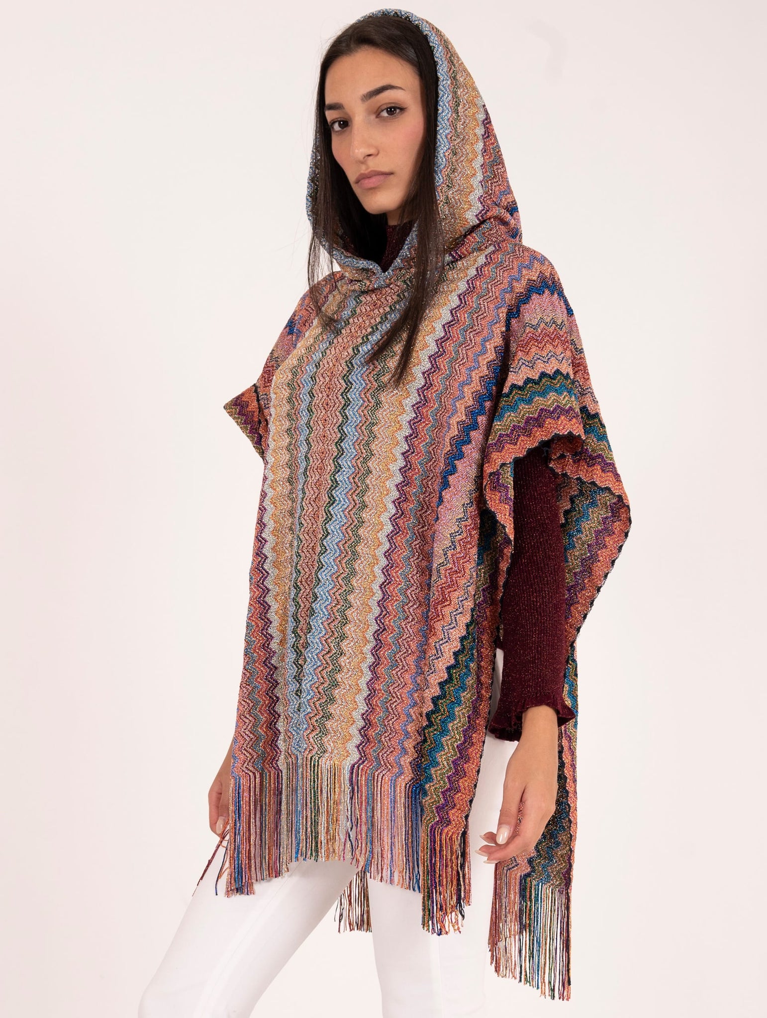 Poncho M Missoni con Cappuccio Chevron Lurex Multicolor