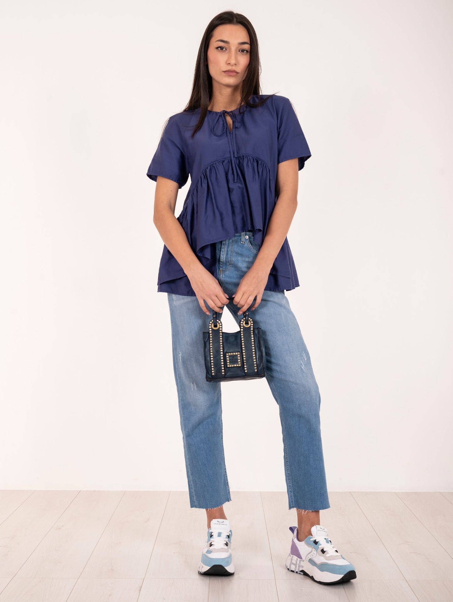 T shirt Alessia Santi con Balza in Cotone Blu Royal