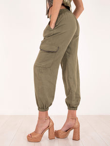 Pantalone Cargo Bazar Deluxe con Strass in Lino Verde Militare