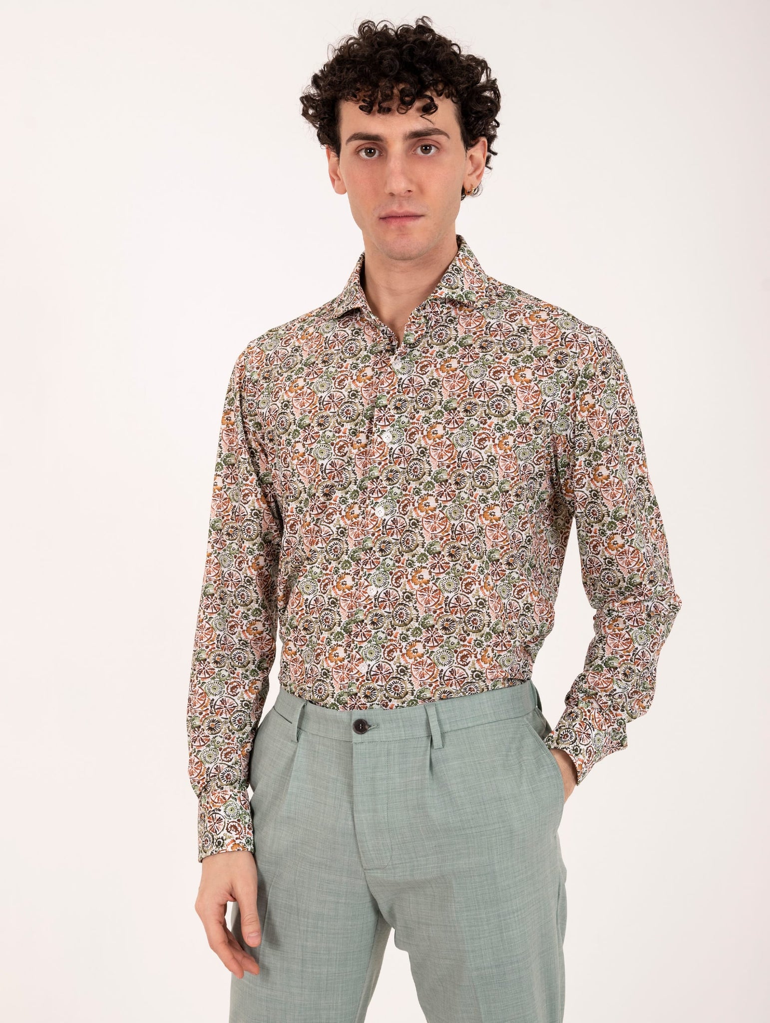 Tecno Camicia Orian Antibatterica Bianca Fantasia Maiolica Verde e Ruggine