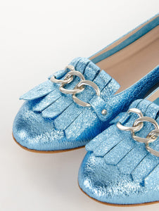 Ballerina Four Stroke in Pelle Crackle con Frange Cielo