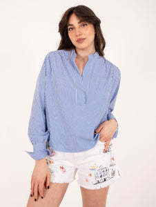 Blusa Bras Roy Roger's in Popeline Stripe Bianca e Blu