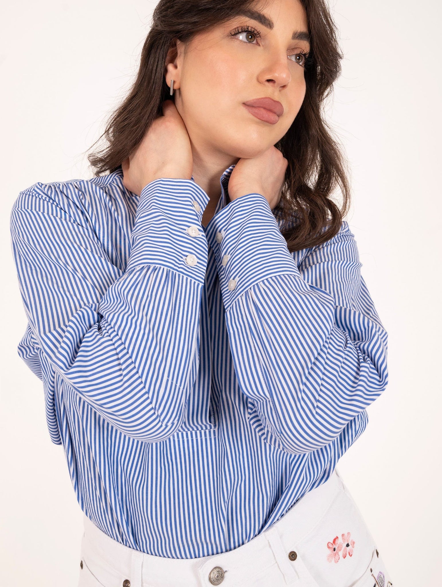 Blusa Bras Roy Roger's in Popeline Stripe Bianca e Blu