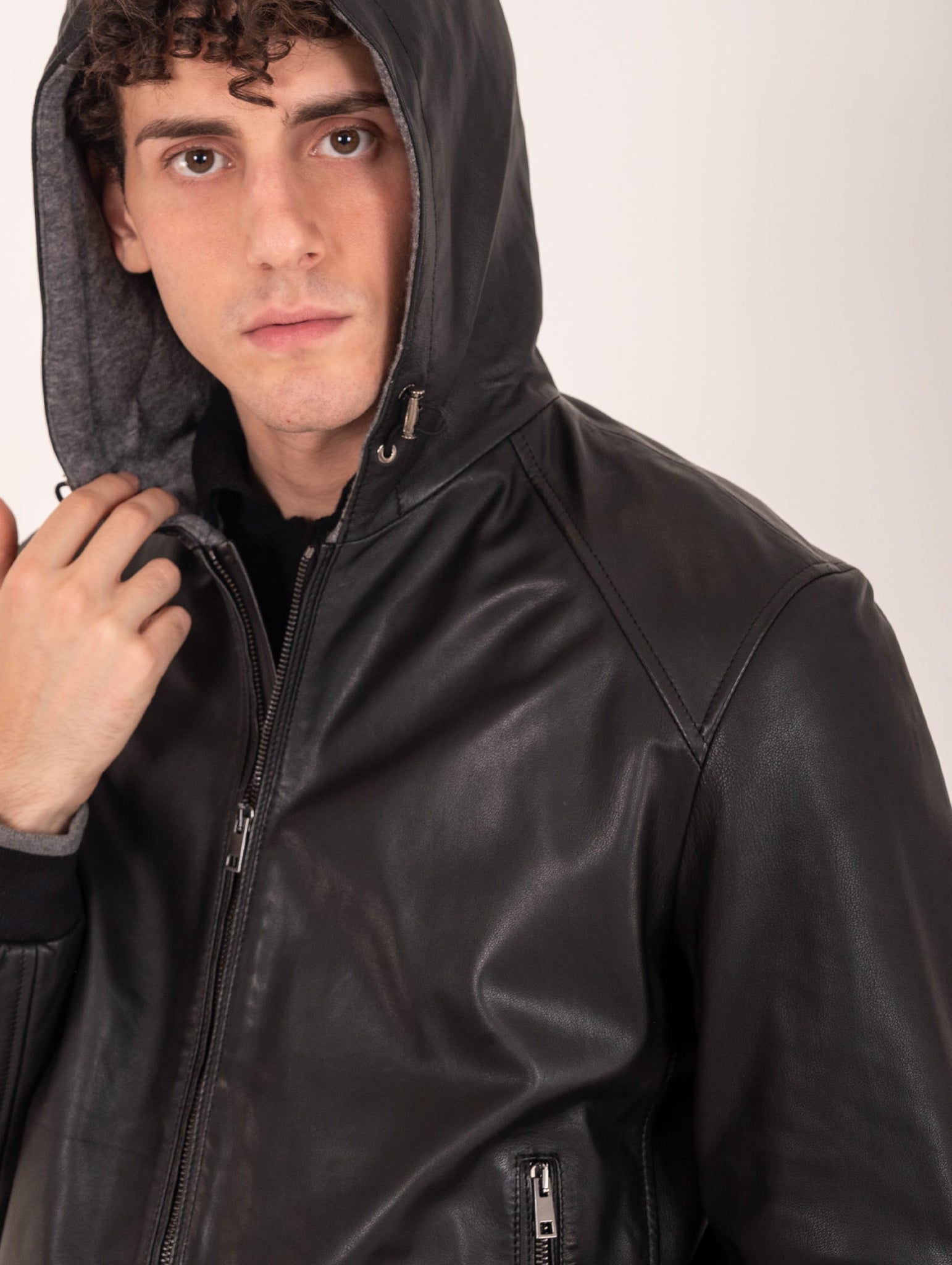 Bomber Gallotti con Cappuccio in Pelle Nero