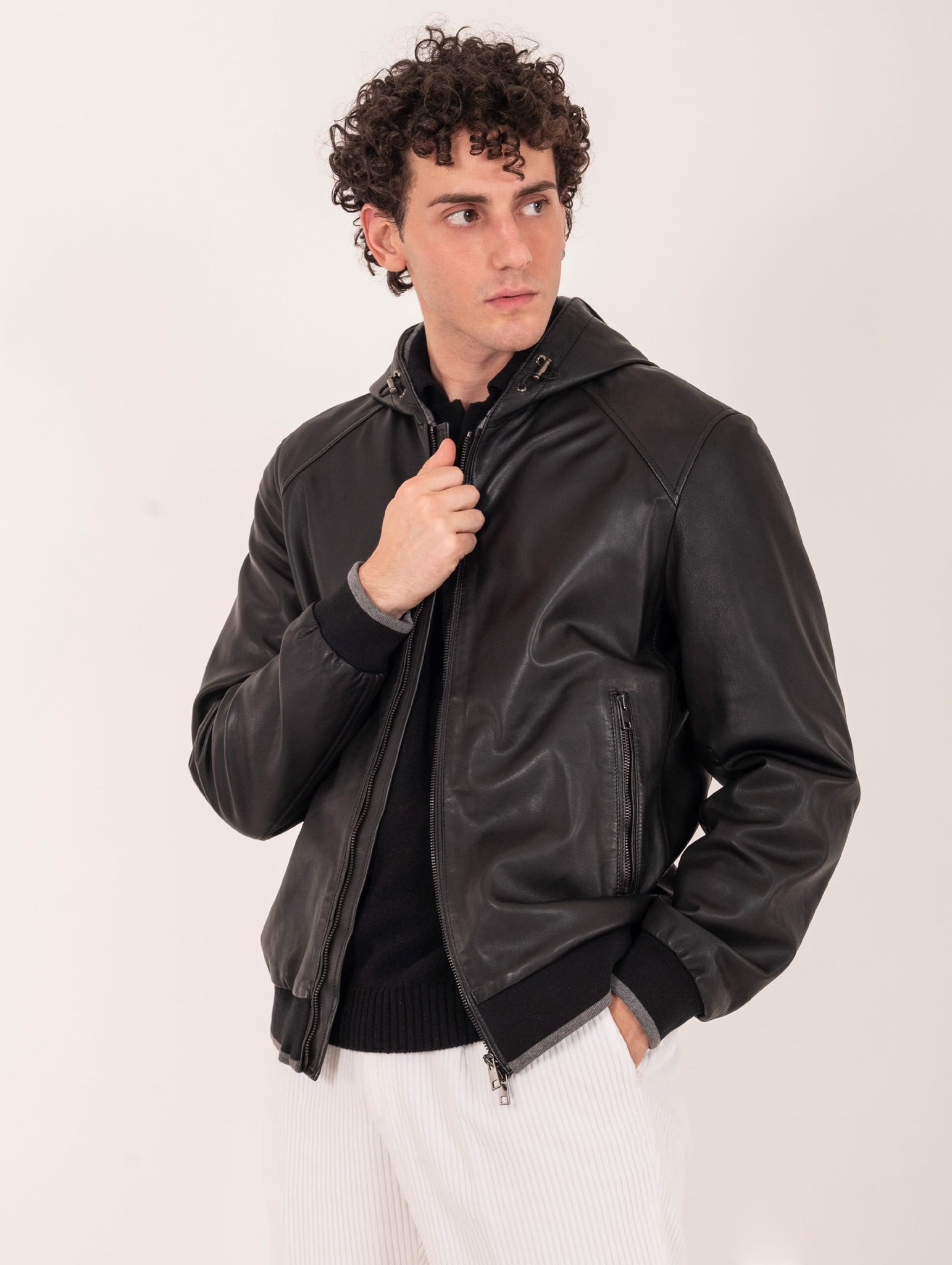 Bomber Gallotti con Cappuccio in Pelle Nero