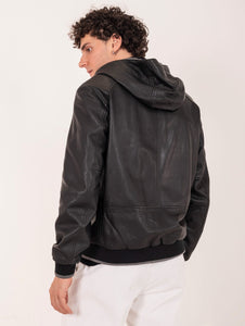 Bomber Gallotti con Cappuccio in Pelle Nero