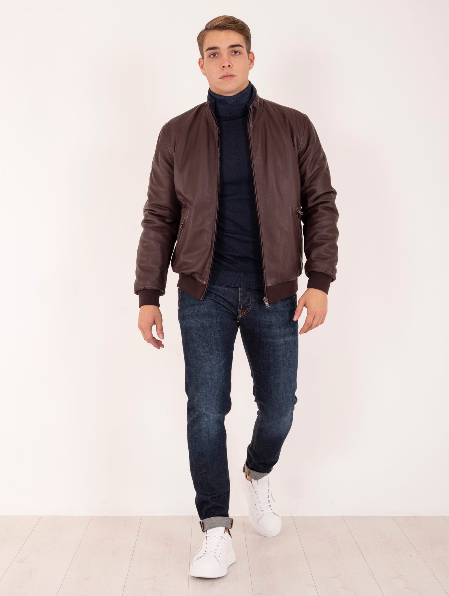 Bomber Reversibile Gallotti in Pelle e Tessuto Tecnico Cioccolato e Blu