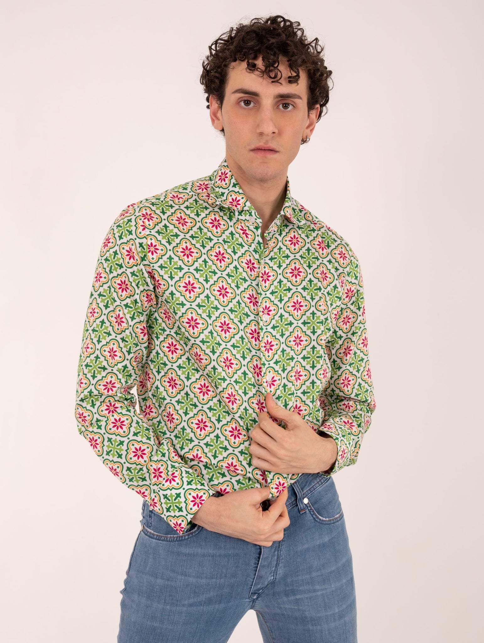 Camicia Faraglioni Pietra Salata Fantasia Verde, Arancione e Magenta