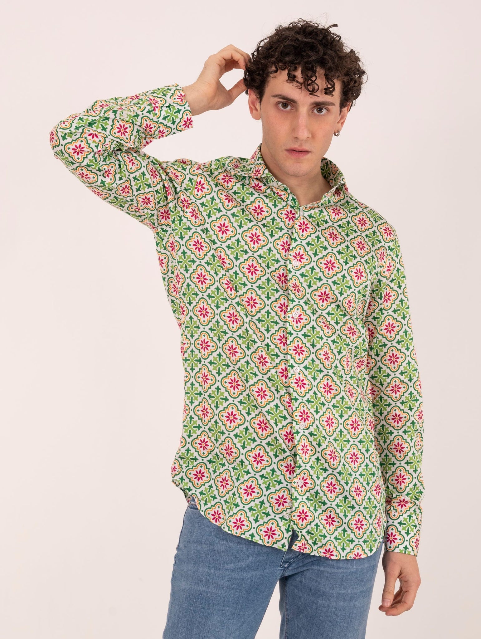 Camicia Faraglioni Pietra Salata Fantasia Verde, Arancione e Magenta