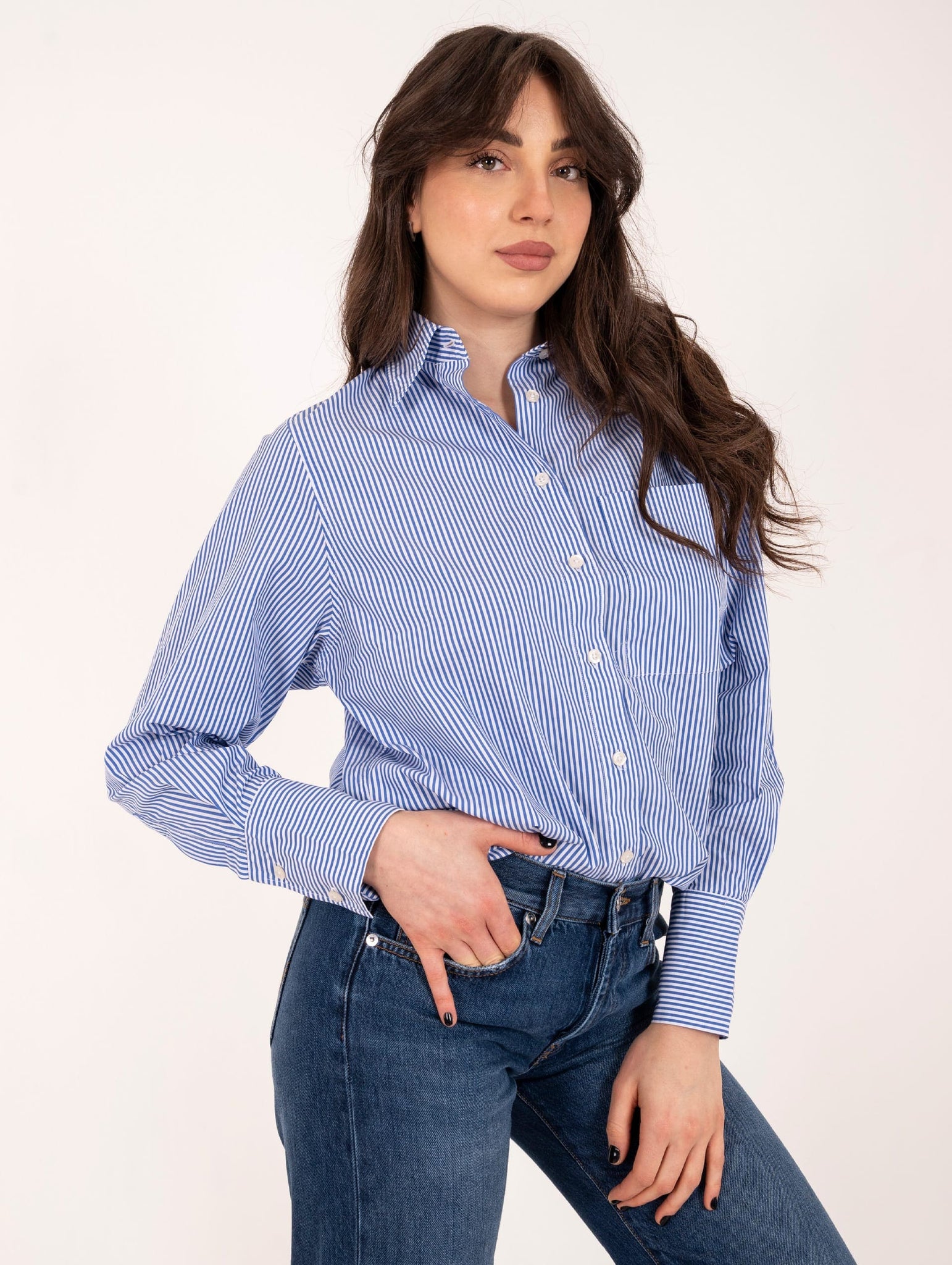 Camicia Mimi Roy Roger's in Popeline Stripe Bianca e Blu