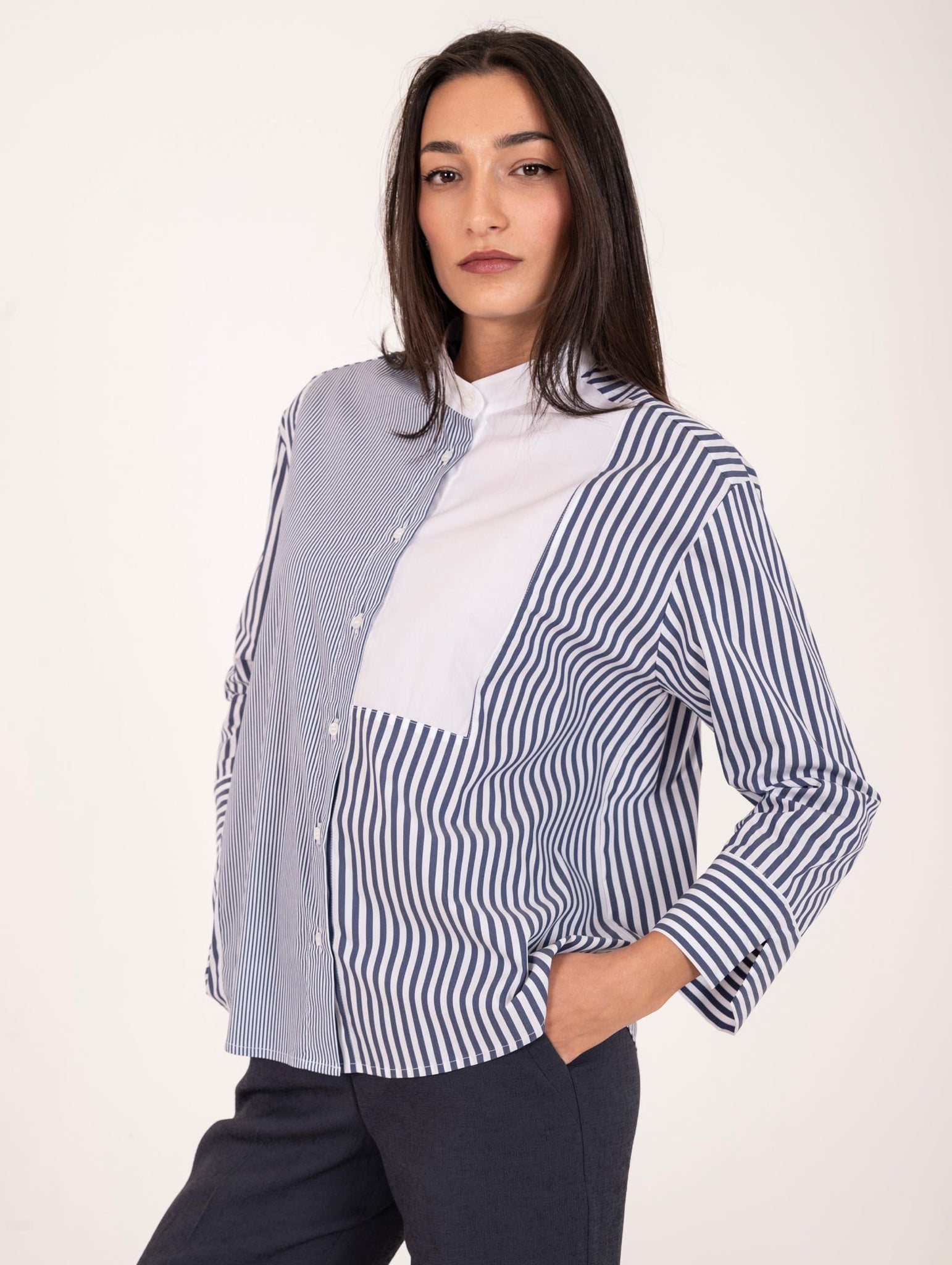 Camicia Patch Wychi in Cotone Elasticizzato Bianco e Blu