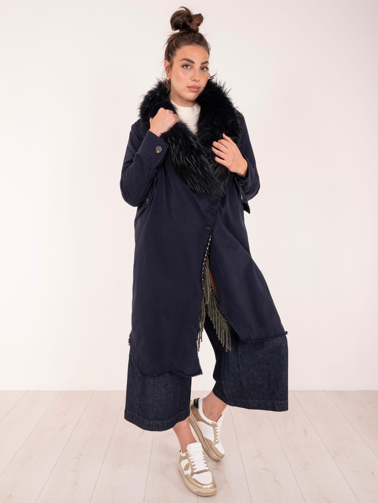 Cappotto Gilet Over Bazar in Cotone e Lana Blu e Fantasia