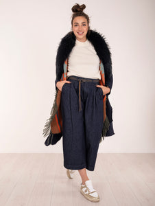 Cappotto Gilet Over Bazar in Cotone e Lana Blu e Fantasia