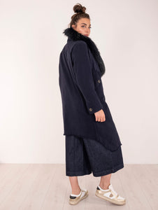 Cappotto Gilet Over Bazar in Cotone e Lana Blu e Fantasia