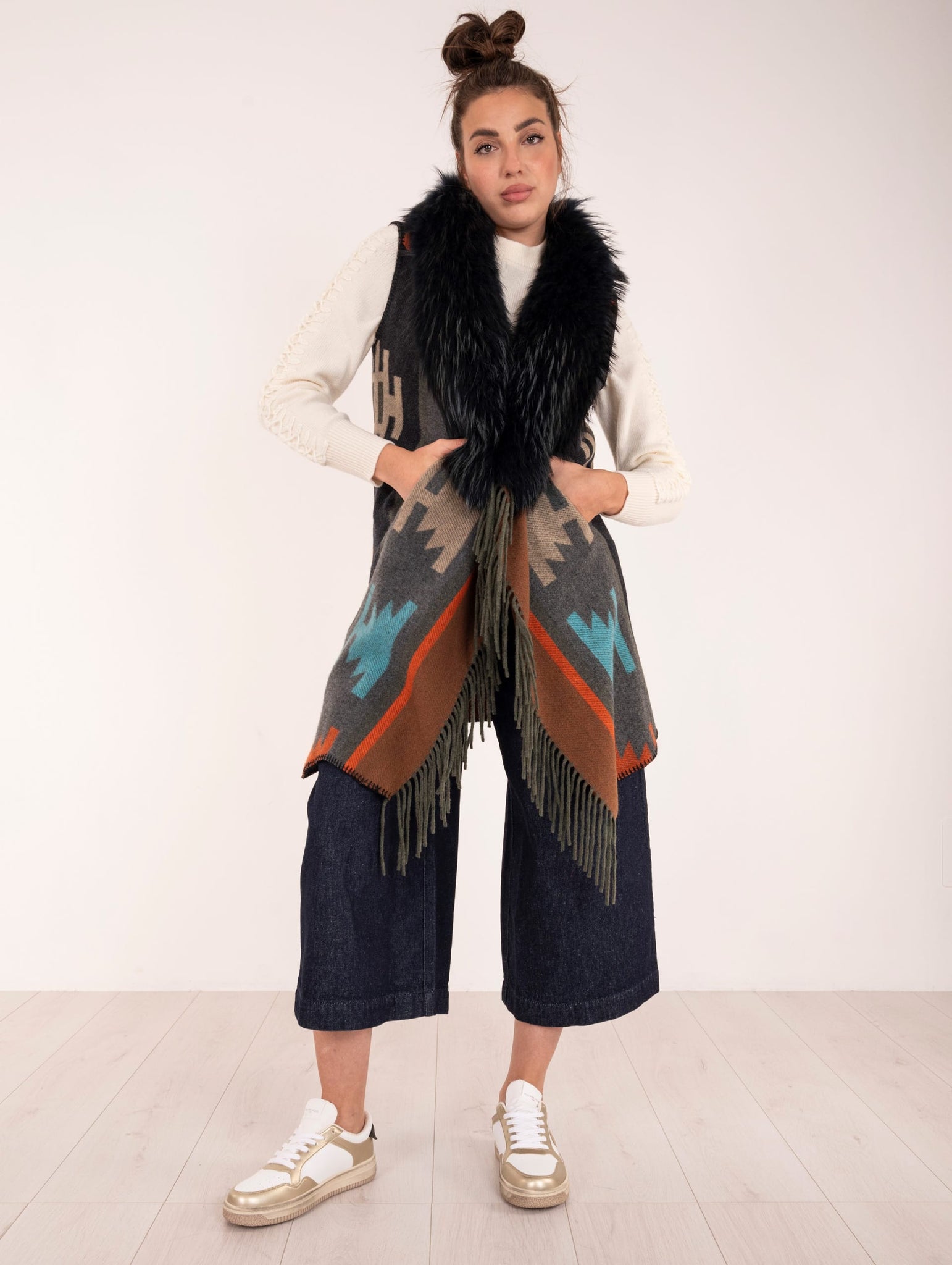 Cappotto Gilet Over Bazar in Cotone e Lana Blu e Fantasia