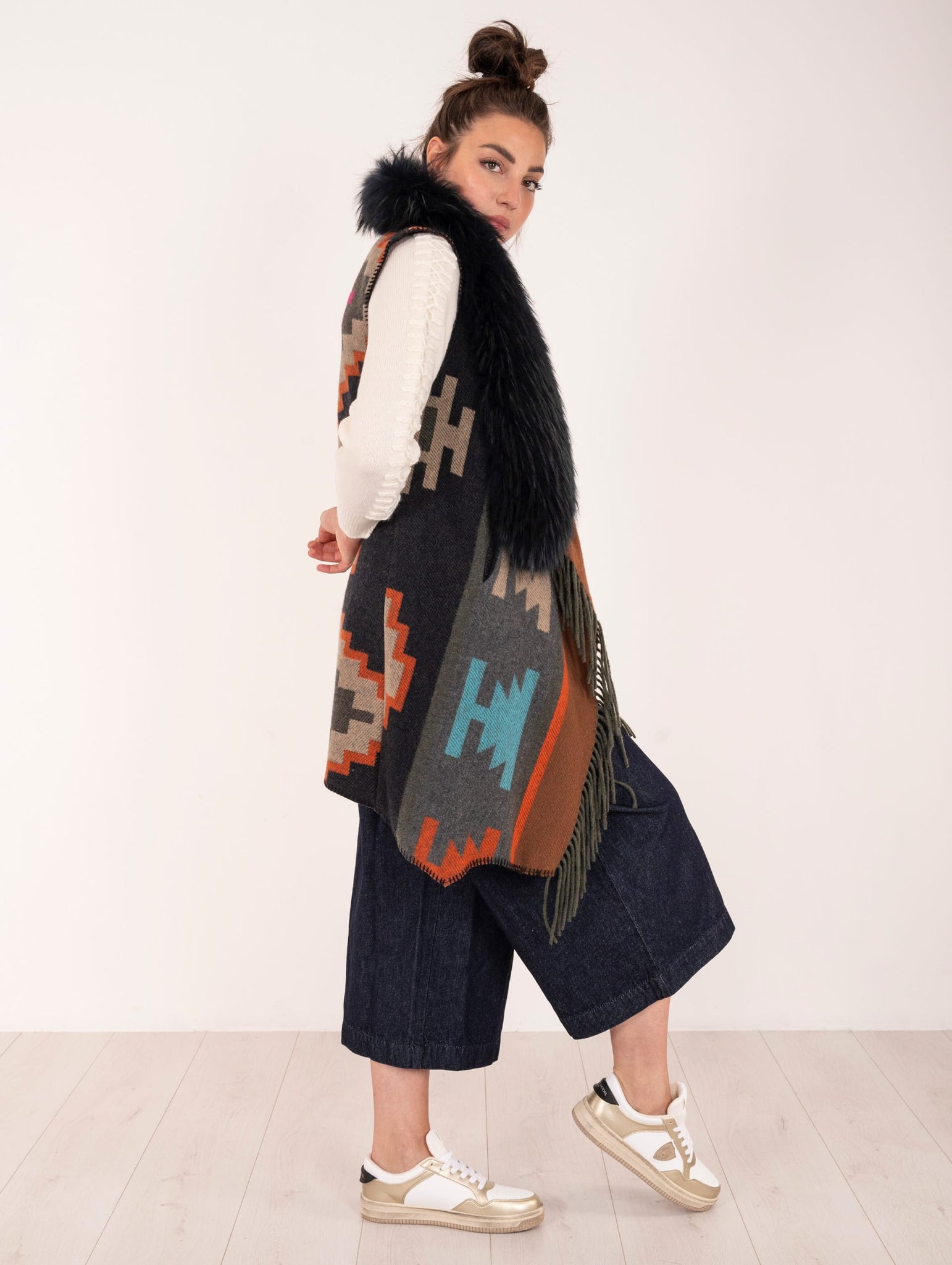 Cappotto Gilet Over Bazar in Cotone e Lana Blu e Fantasia