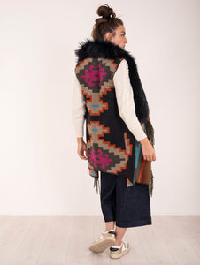 Cappotto Gilet Over Bazar in Cotone e Lana Blu e Fantasia