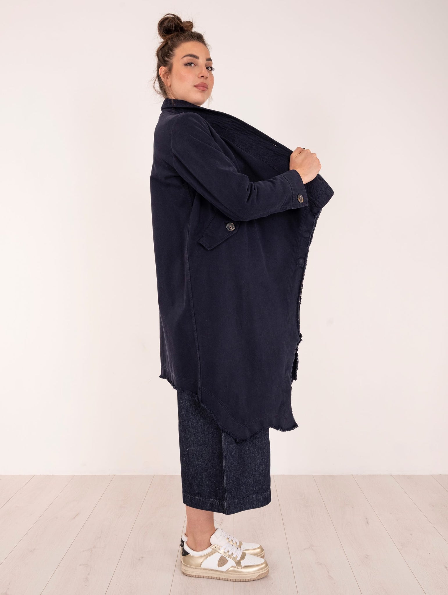 Cappotto Gilet Over Bazar in Cotone e Lana Blu e Fantasia