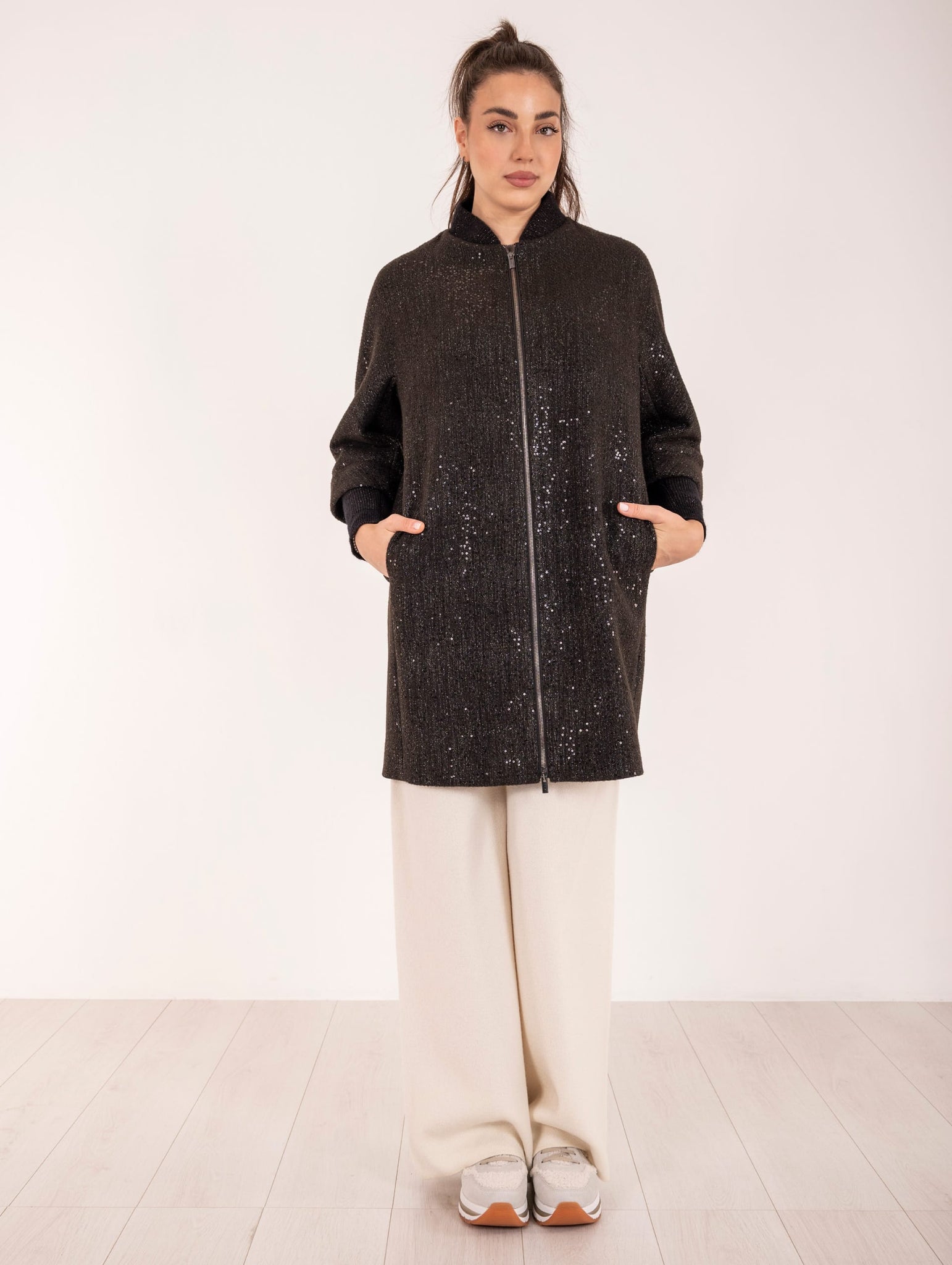 Cappotto Peserico in Panno di Jersey con Lurex e Paillettes Cioccolato