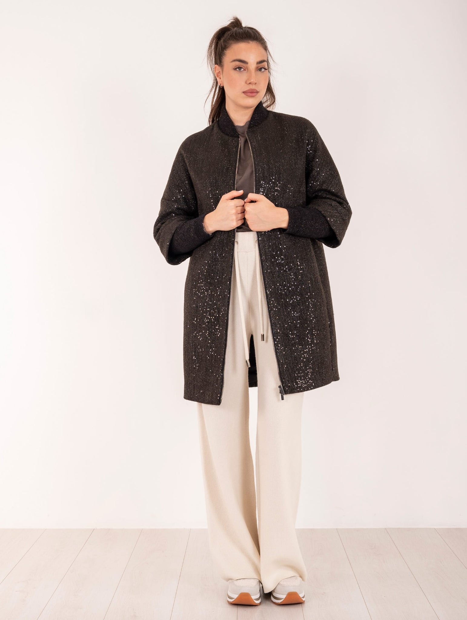 Cappotto Peserico in Panno di Jersey con Lurex e Paillettes Cioccolato