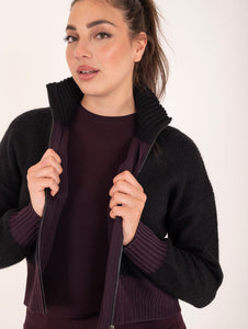 Cardigan Alpha Studio con Zip Bimaterico in Lana e Viscosa Nero e Prugna