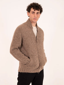 Cardigan con Zip H953 In Alpaca e Lana Cammello