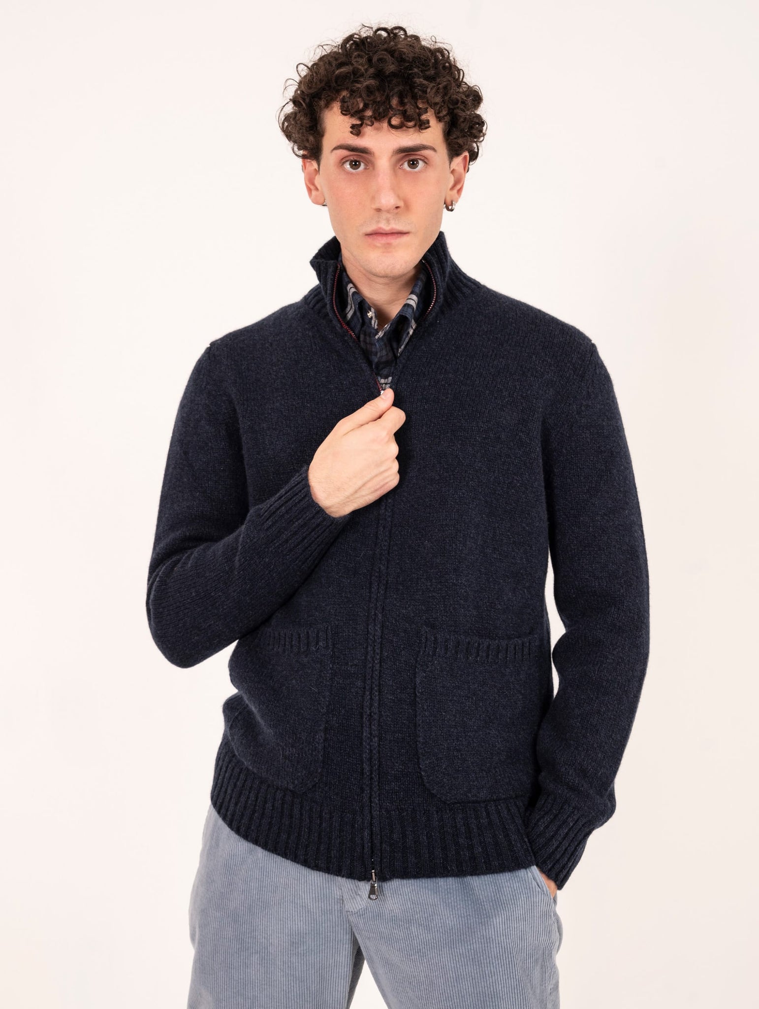 Cardigan con Zip H953 In Lana Merinos e Cashmere Navy