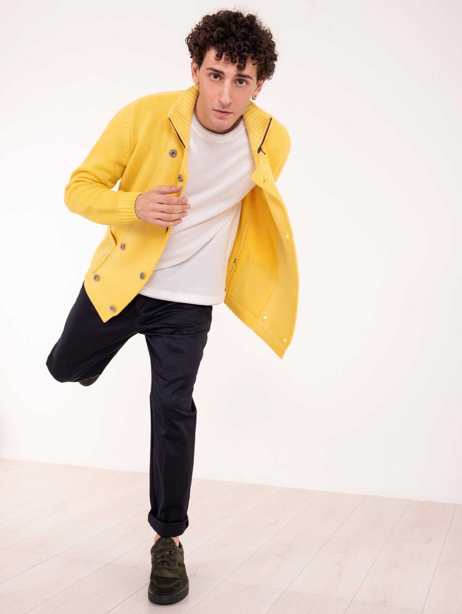 Cardigan Doppiopetto H953 in Lana Merinos Giallo