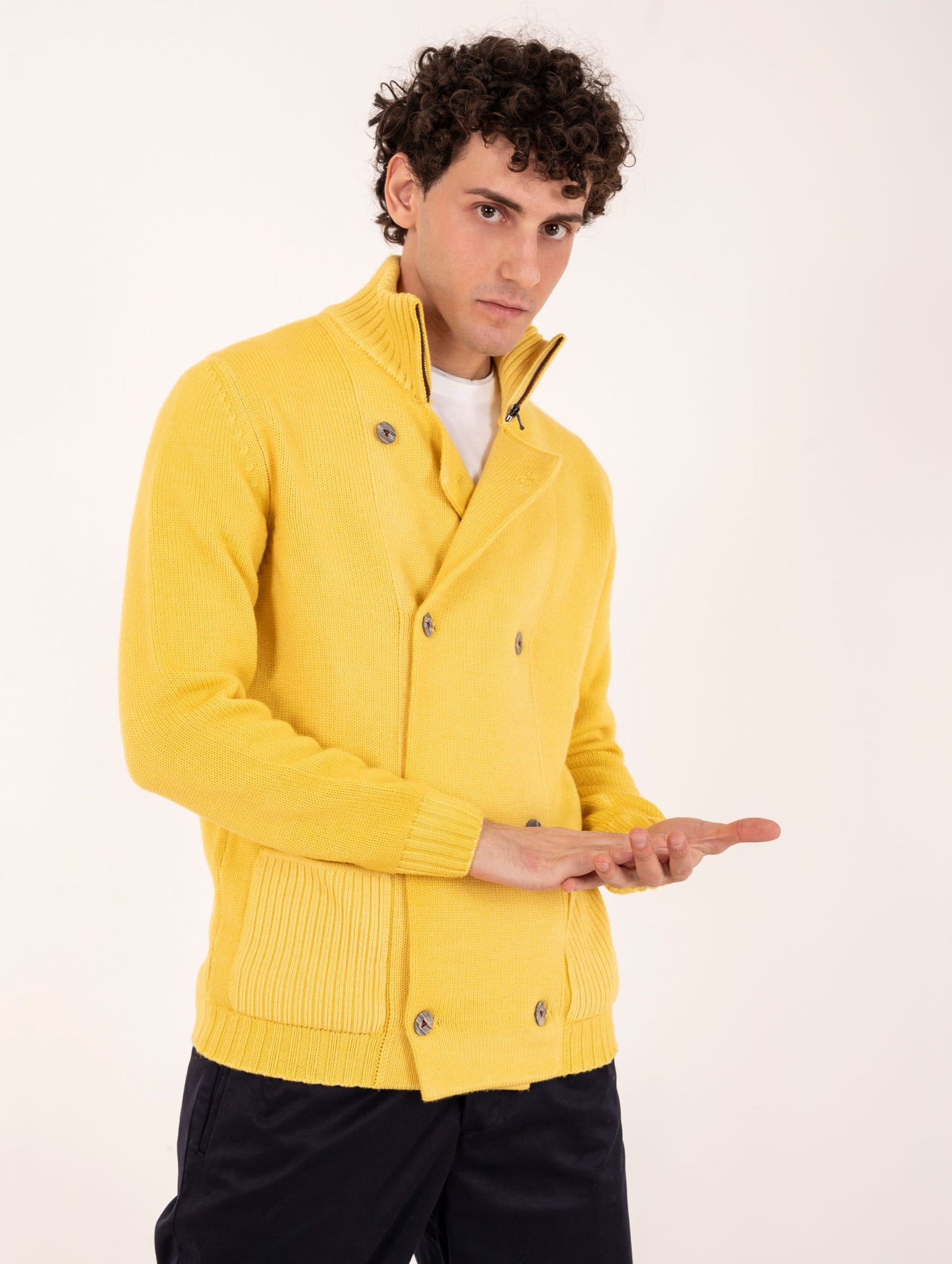 Cardigan Doppiopetto H953 in Lana Merinos Giallo