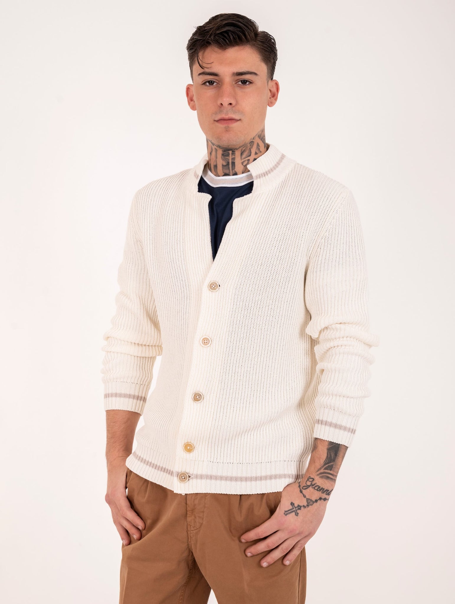 Cardigan Eleventy Milano Platinum in Maglia Coste Inglese Bianco e Beige