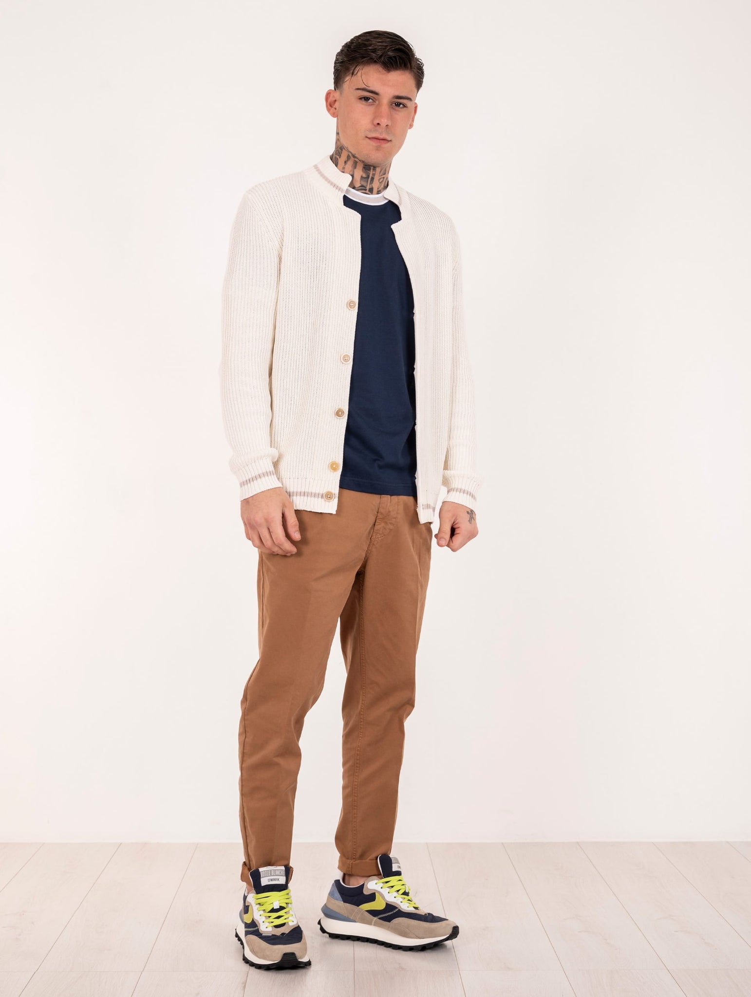 Cardigan Eleventy Milano Platinum in Maglia Coste Inglese Bianco e Beige