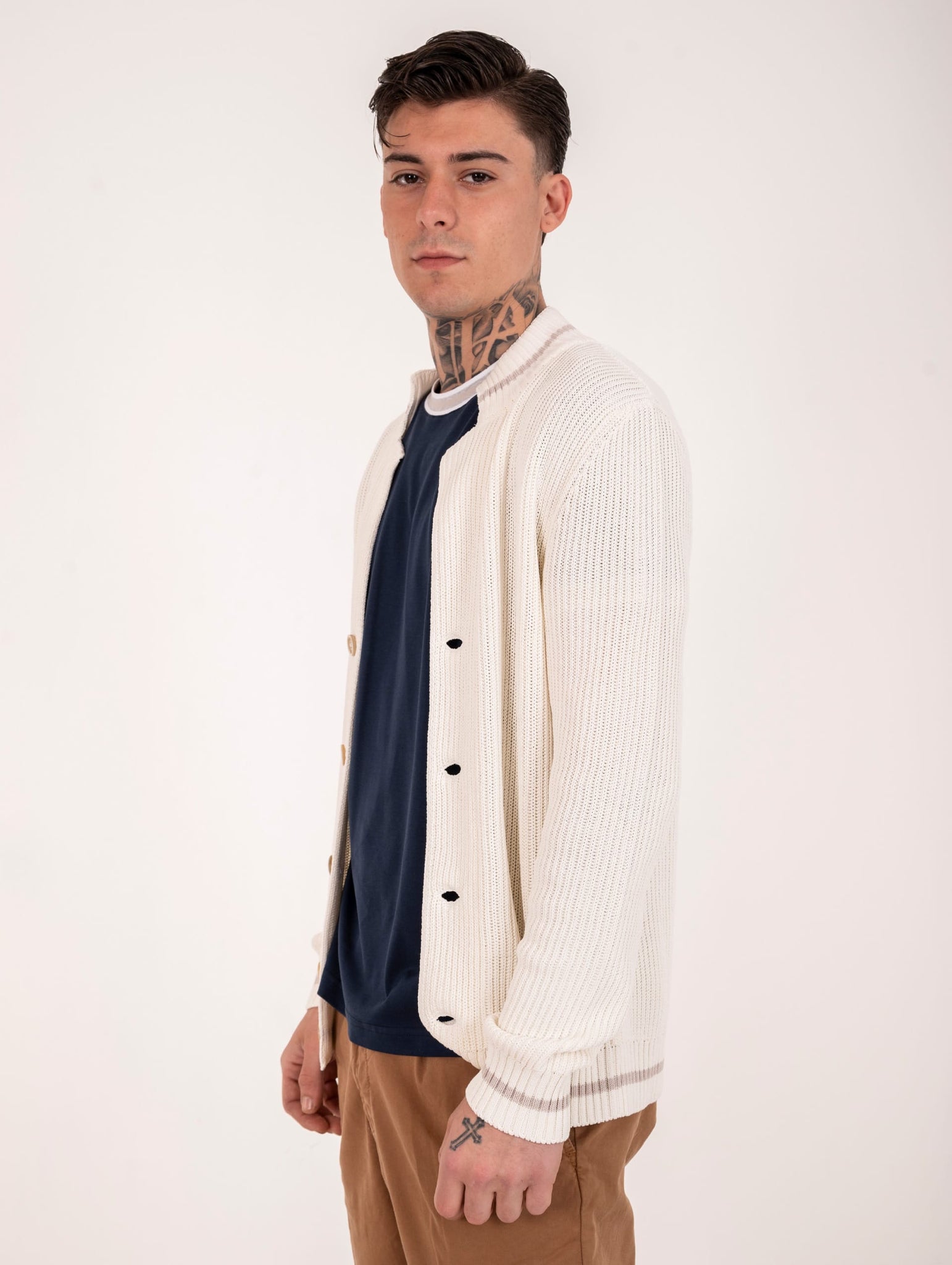 Cardigan Eleventy Milano Platinum in Maglia Coste Inglese Bianco e Beige