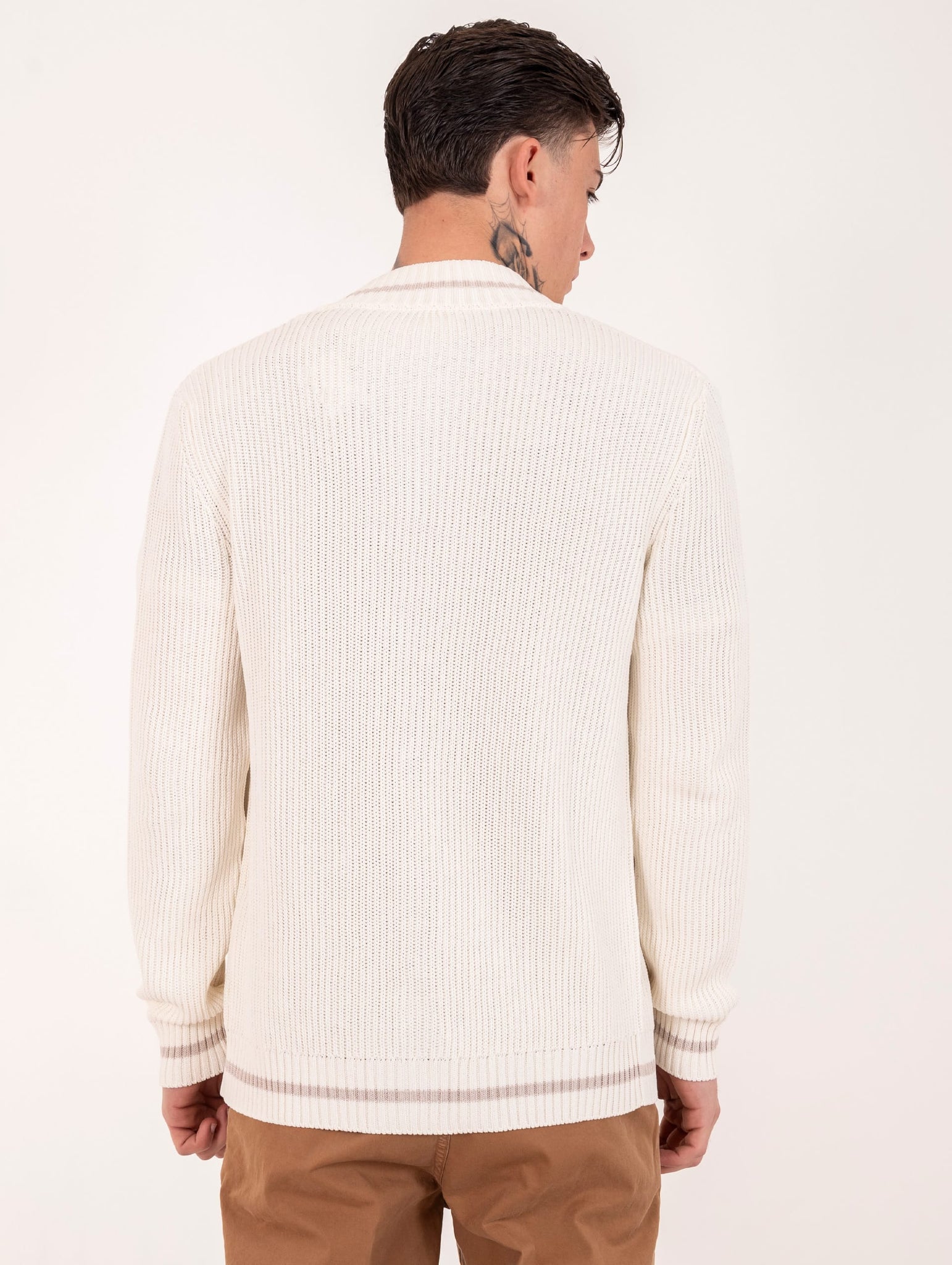 Cardigan Eleventy Milano Platinum in Maglia Coste Inglese Bianco e Beige