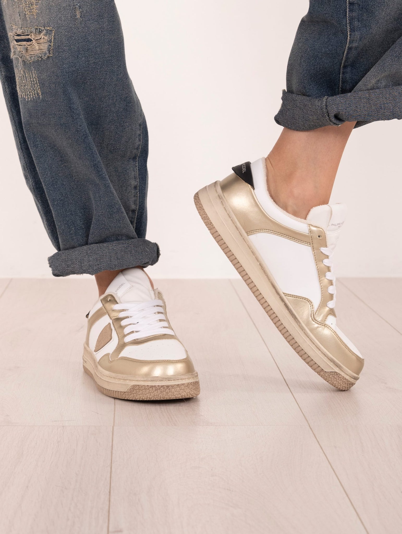 Eco Sneakers Philippe Model Lyon Recycle Mixage Bianco e Oro